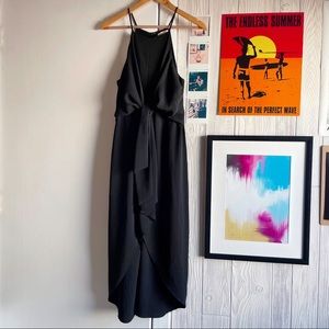 Gilli Tie Front Faux Wrap Halter Black Midi Dress Business Casual Minimalist